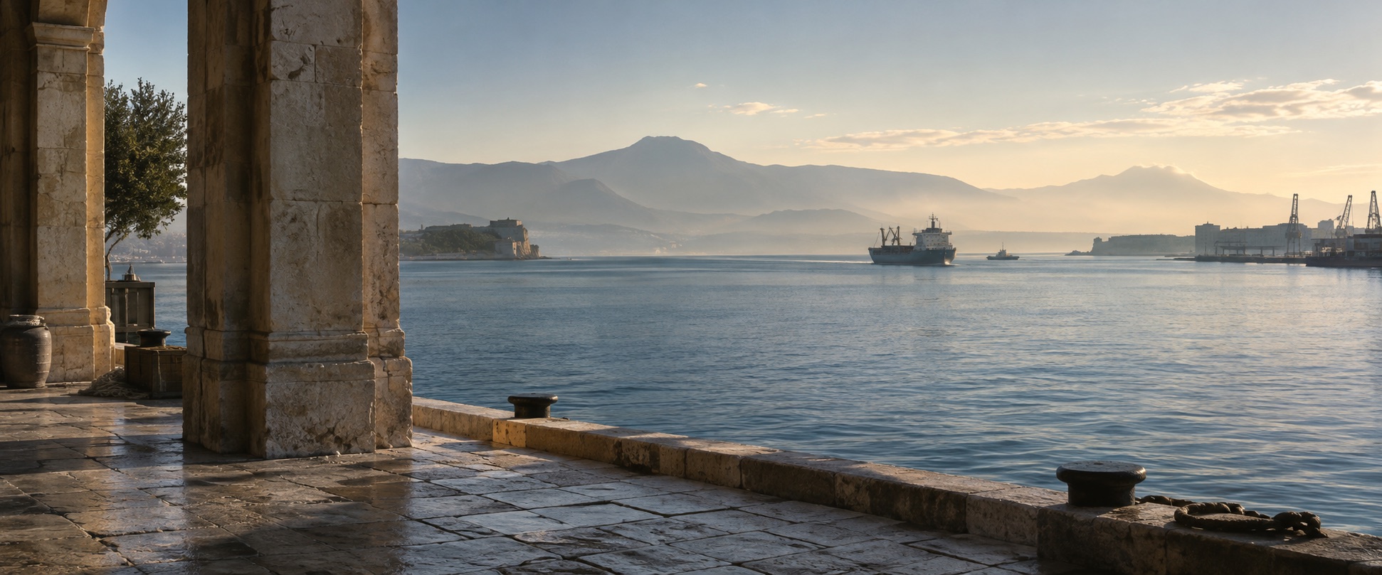 Stone portico overlooking a working harbour