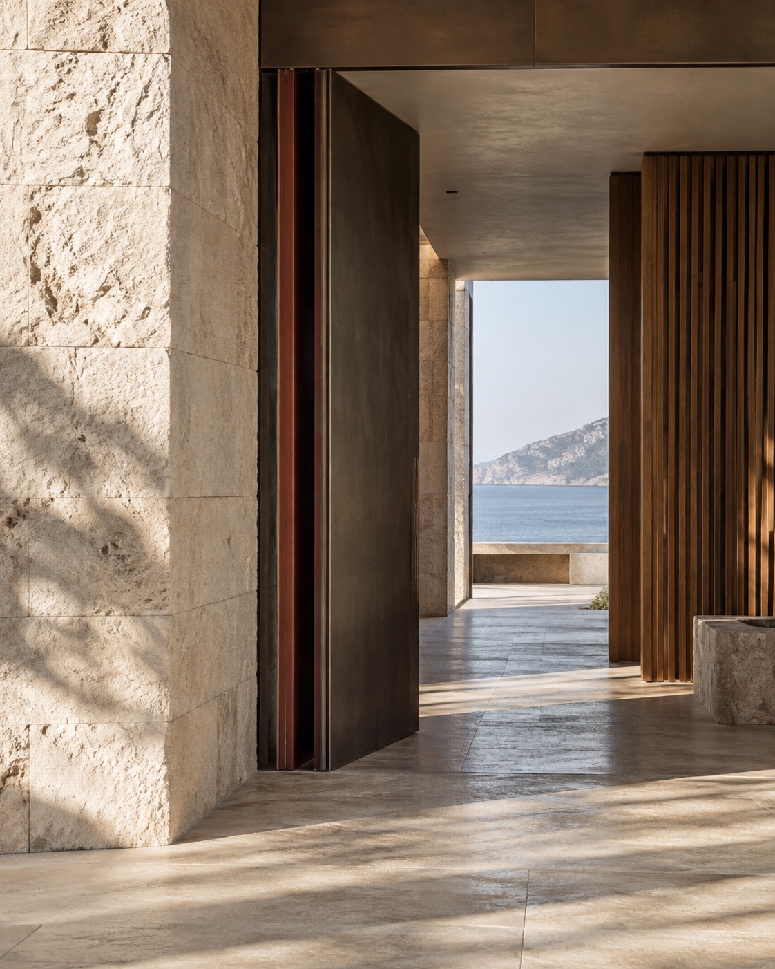 Bronze architectural details and a stone passage