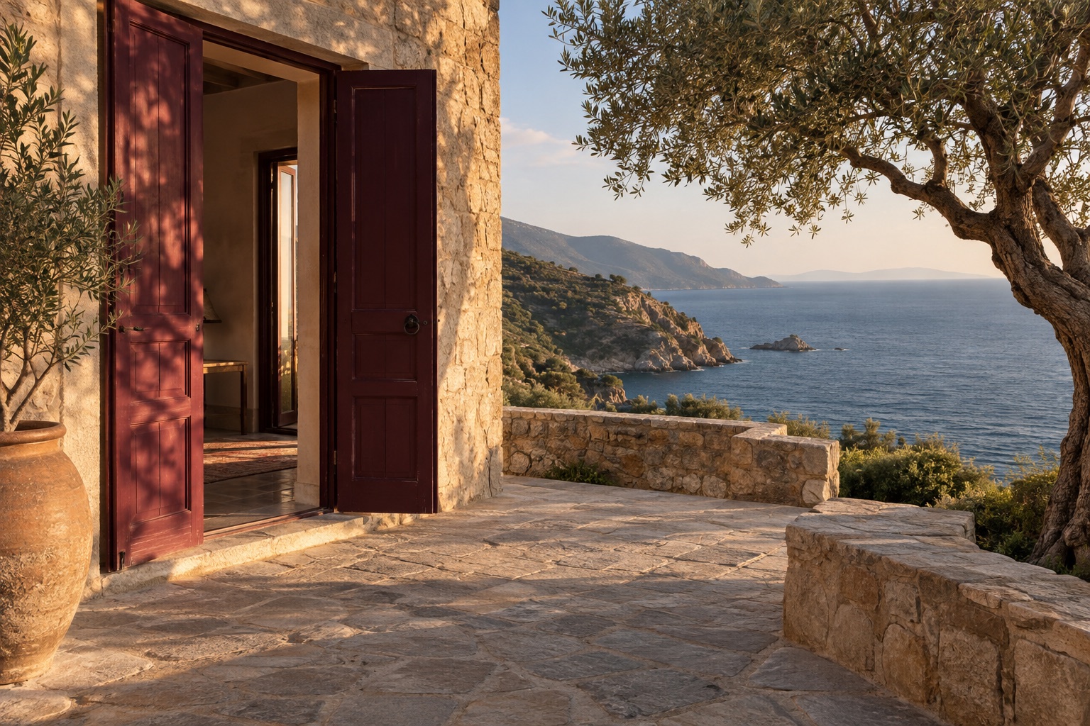 Burgundy doorway and an olive tree overlooking the sea