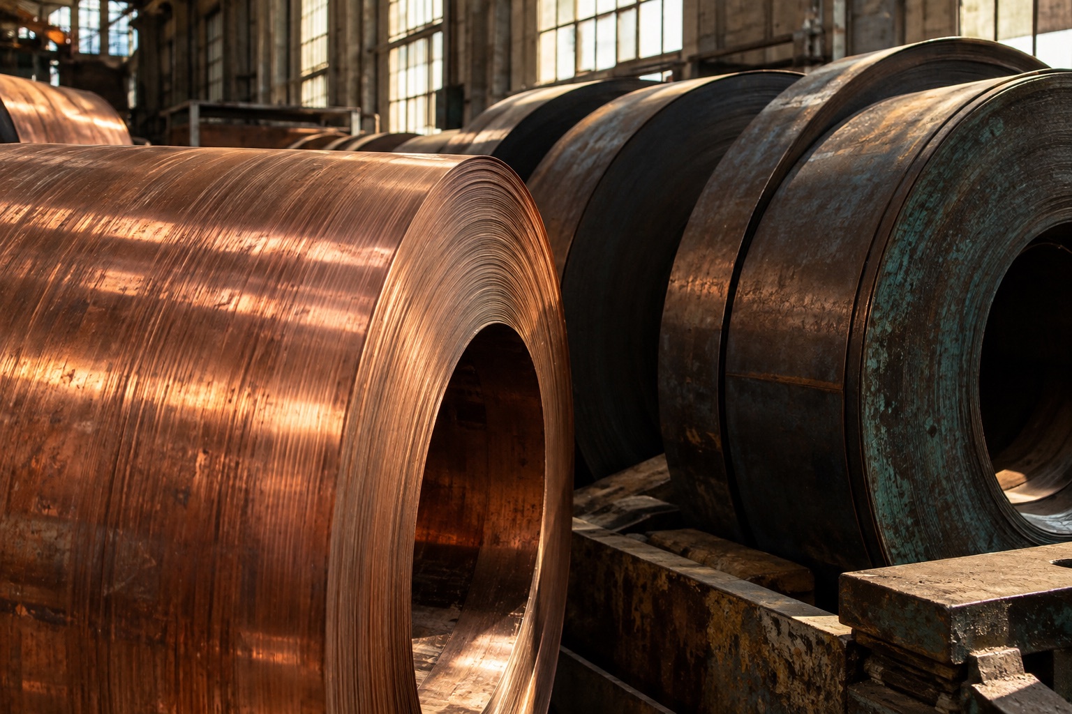 Copper and steel coils in a sunlit workshop