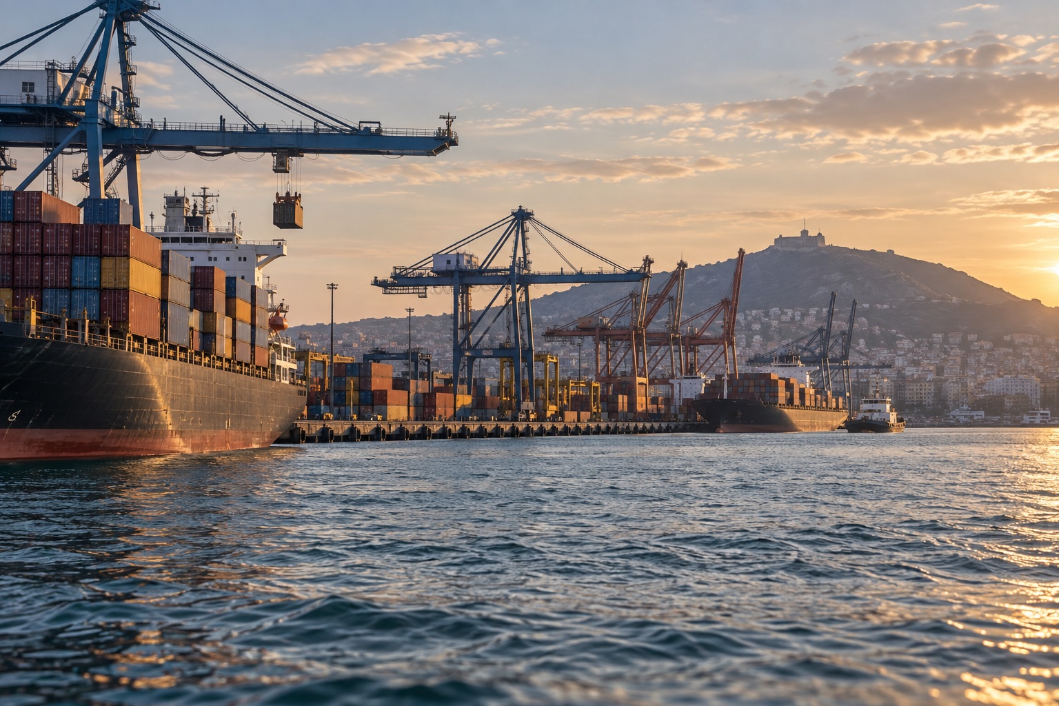 Container ships and cranes along a coastal port